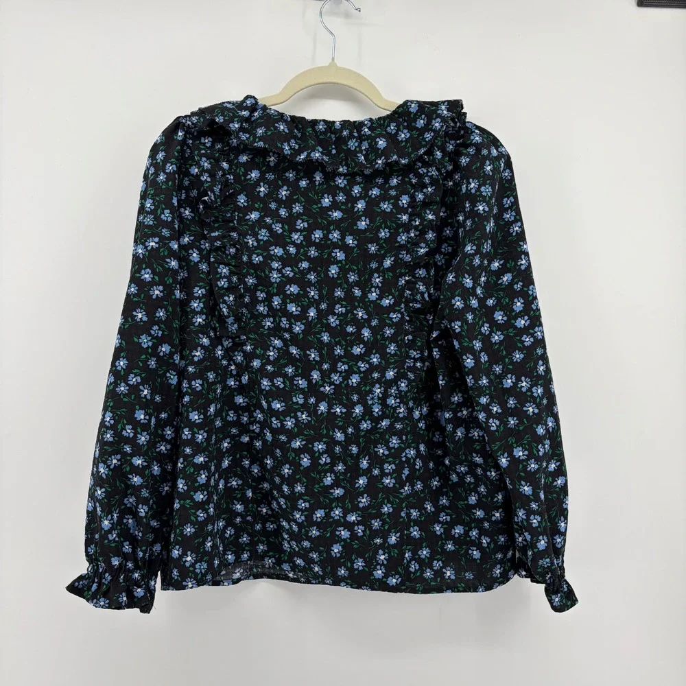 Loft Blouse Black Blue Floral Women M Petite Ruffle V-Neck Long Sleeve Tie Front